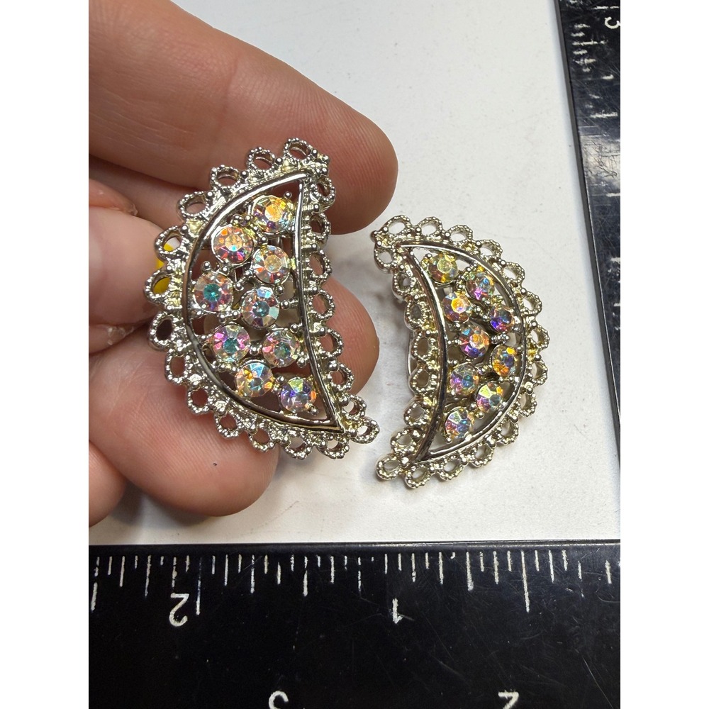 Emmons Aurora Borealis Rhinestone Crescent Moon Clip On Earrings Silver Tone